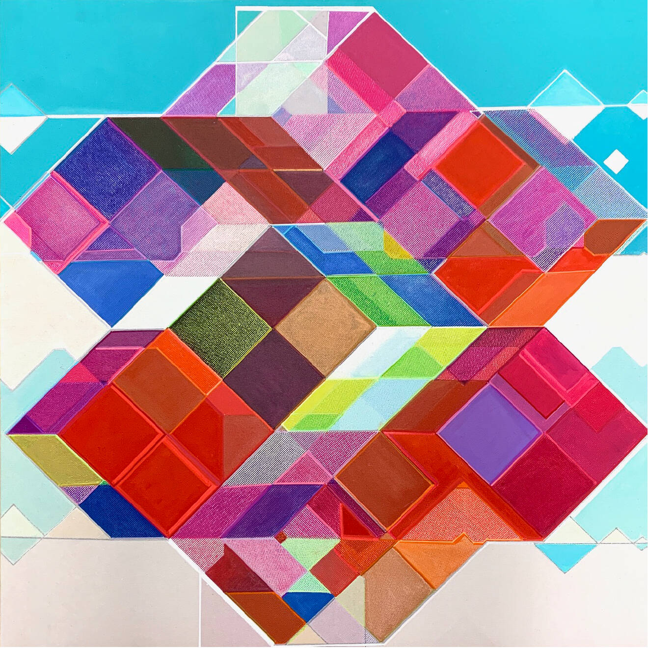 Bright and colorful painting on canvas of an abstract design made up of a lot of cube shapes. Central image is rainbow colored, that stands out on a background that is mostly bright blue, white and grey.
